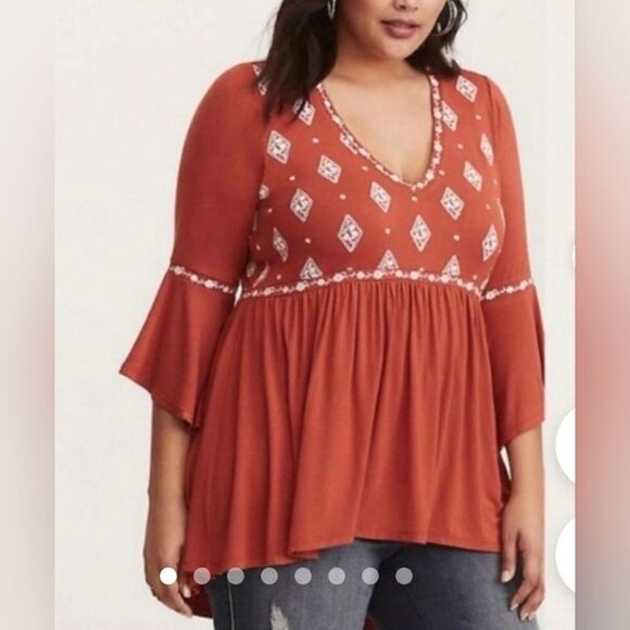 Torrid Top Womens  2XL Boho Orange LngBellSlves Embroidered V-Neck Women's Top - Picture 1 of 10